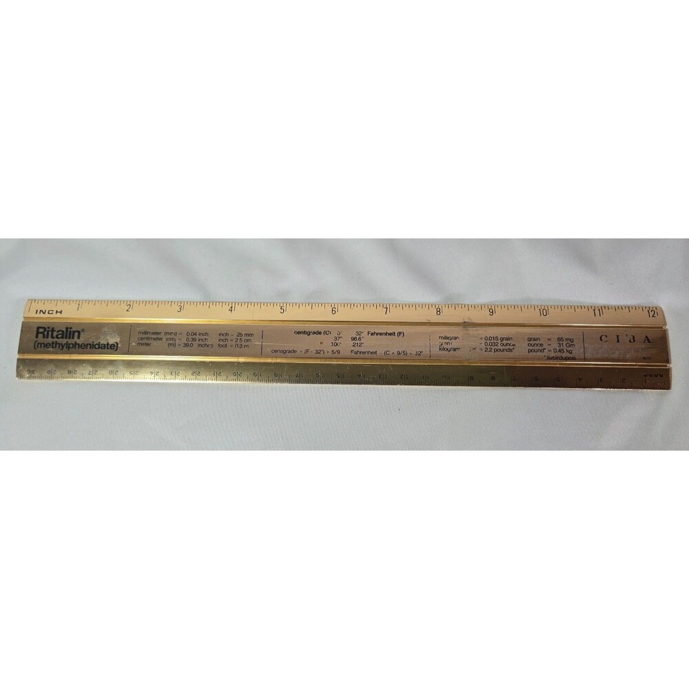 Ritalin Methylphenidate Pharmaceutical Promotional Gold Metal 12" Ruler Vintage